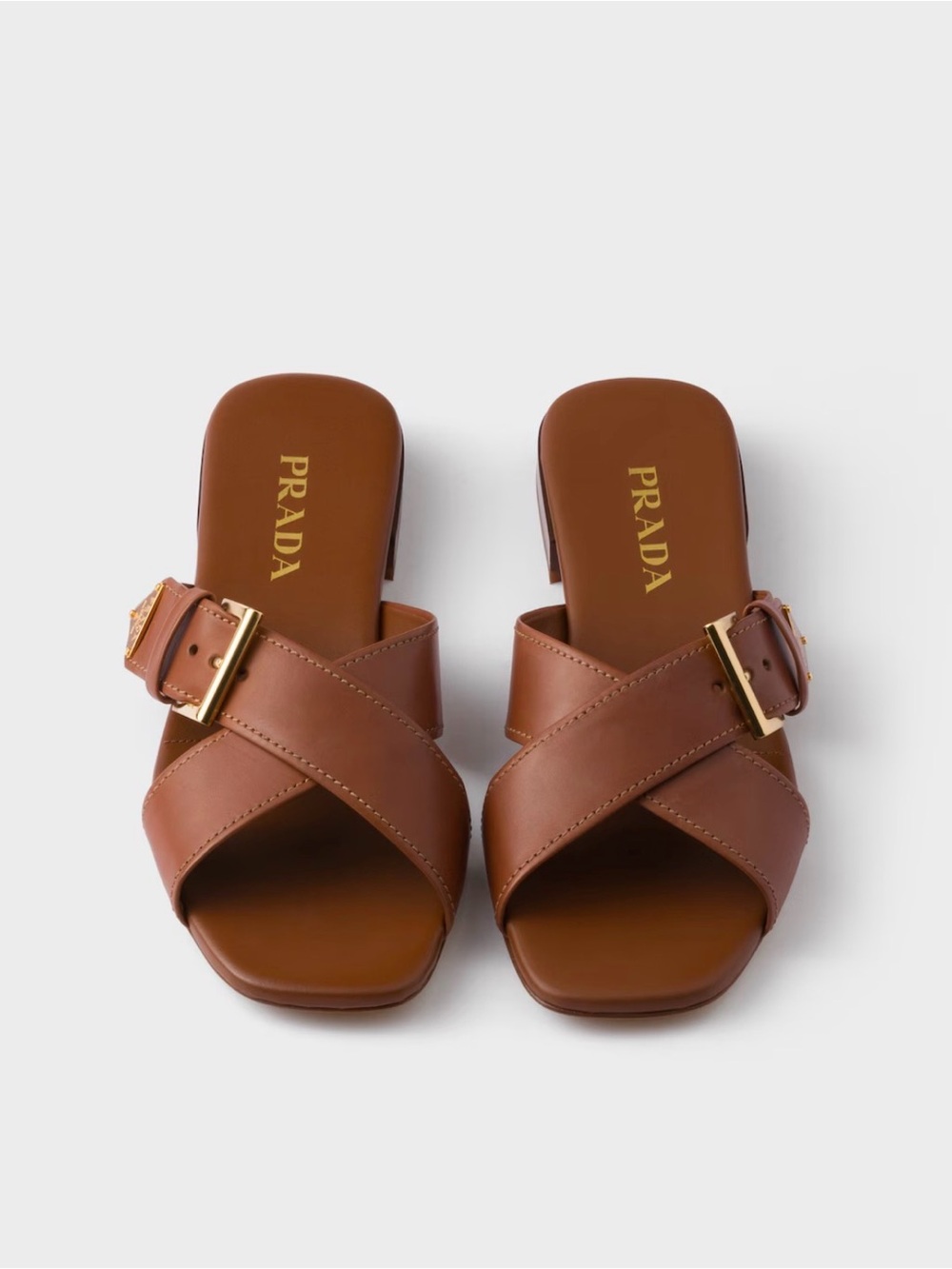 Prada Crisscross Leather Slide Sandals Brown Gold Logo Buckle 37.5 NWT - Picture 2 of 13